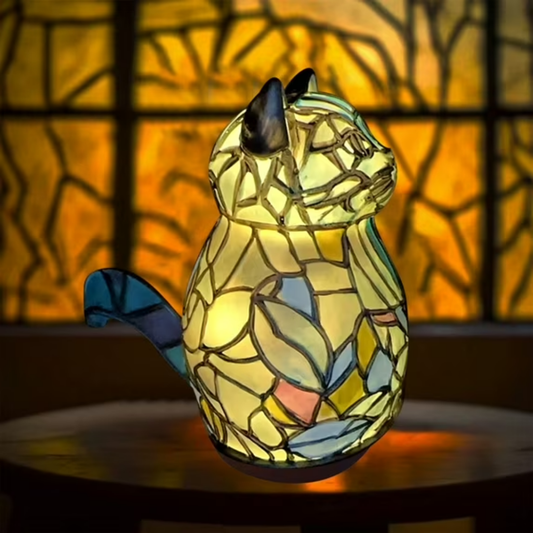 Golden Stained Glass Cat Lamp