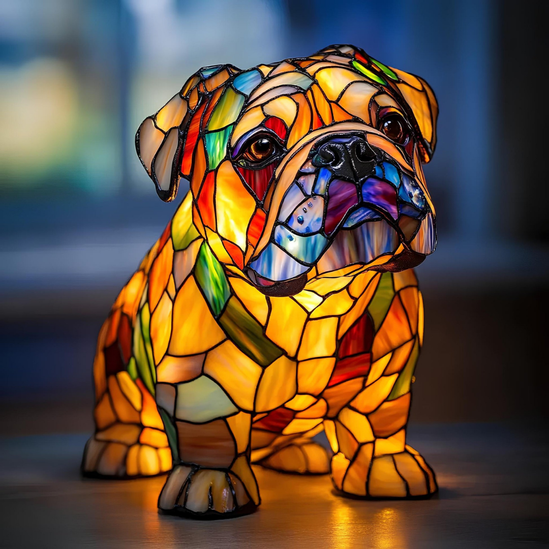 Amber Glow Bulldog Stained Glass Lamp