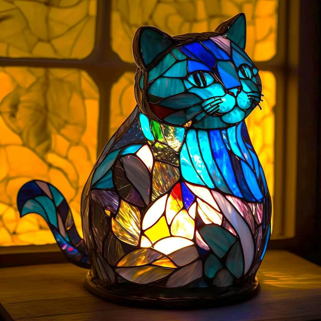 Stained Glass Blue Cat Lamp